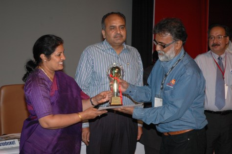 Receiving the trophy for Motto (Finalist) in the KVS Akshar Aakar competitions at the National Level from Honourable, Minister of State, Ministry of Human Resource Development Government of India Mrs. Daggubati Purandeswari. New Delhi 07 May 2011